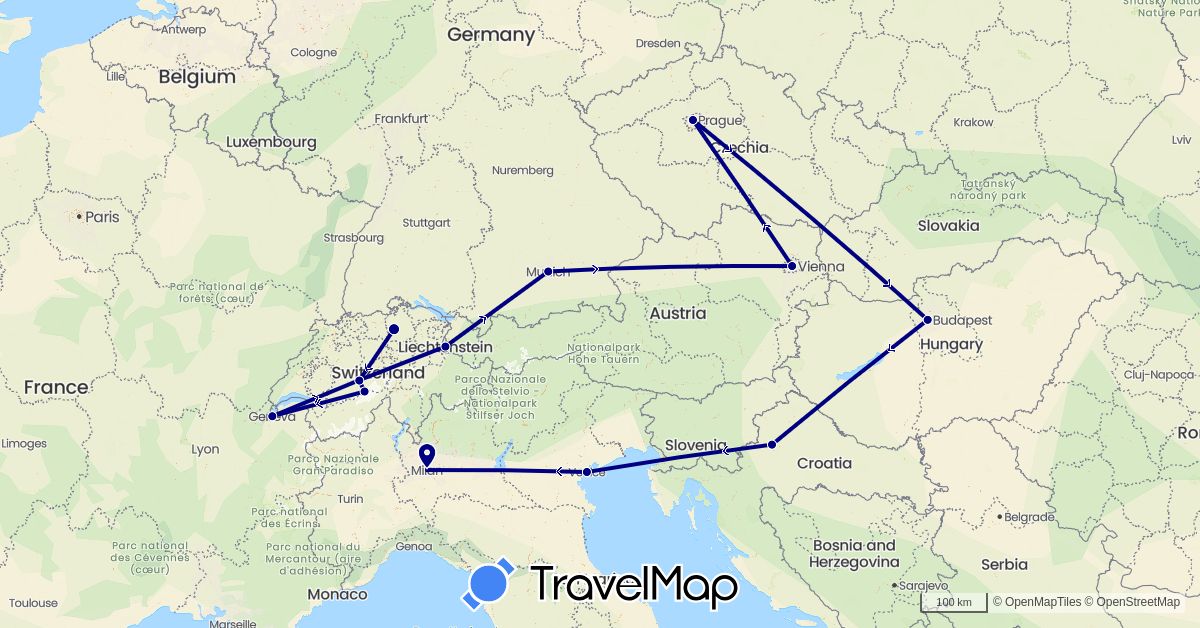TravelMap itinerary: driving in Austria, Switzerland, Czech Republic, Germany, Croatia, Hungary, Italy, Liechtenstein (Europe)