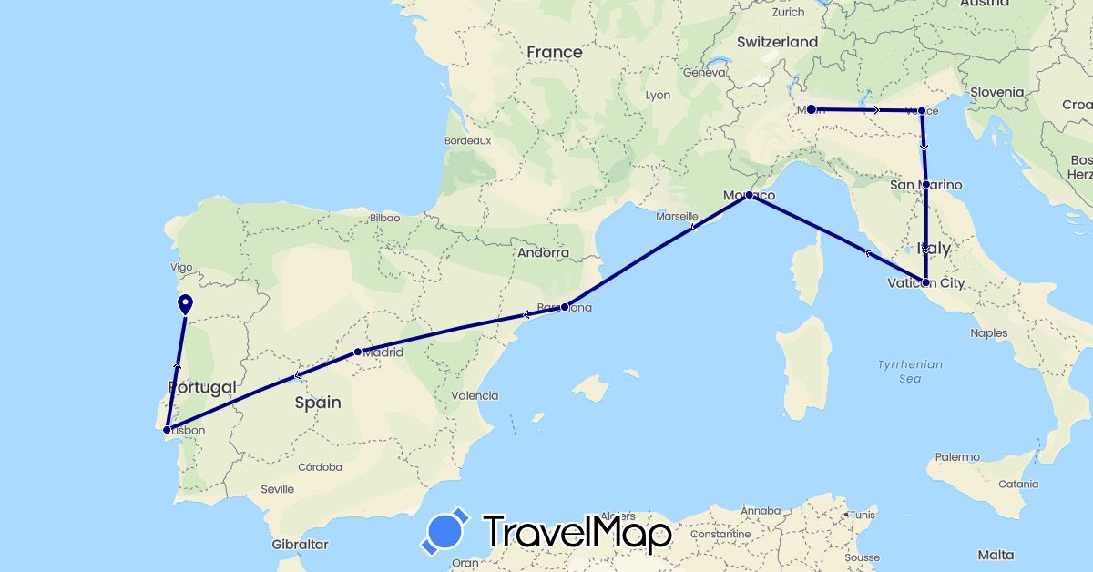TravelMap itinerary: driving in Spain, Italy, Monaco, Portugal, San Marino, Vatican City (Europe)